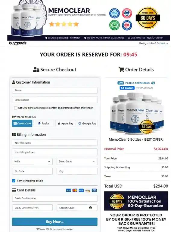 MemoClear Secure Order Page — Checkout
