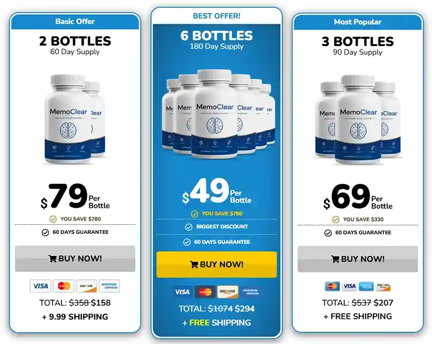 MemoClear Pricing — 1, 3 or 6 Bottle Packages
